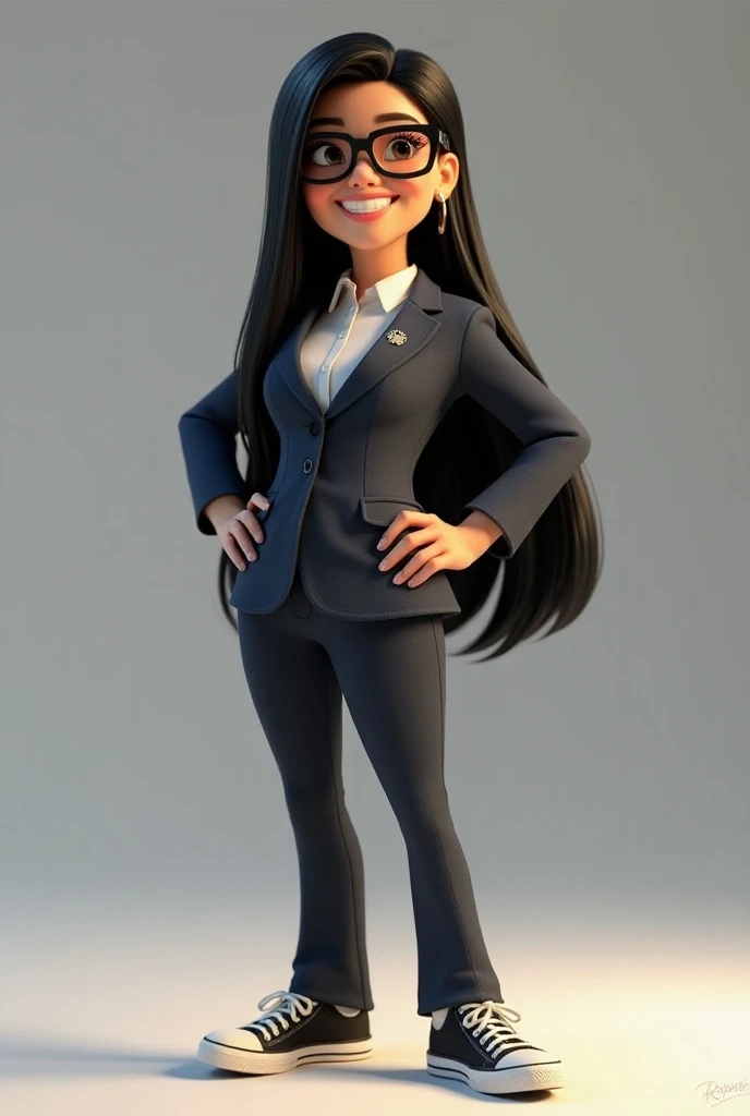  3d character from the Disney animation, Pixar style,  full body , smiling,  lenses with beautiful eyelashes ,glasses , long smooth black hair denim clothing , jacket,  black tennis shoes , clean background.   cinematographic lighting  ,  High-detail forma...