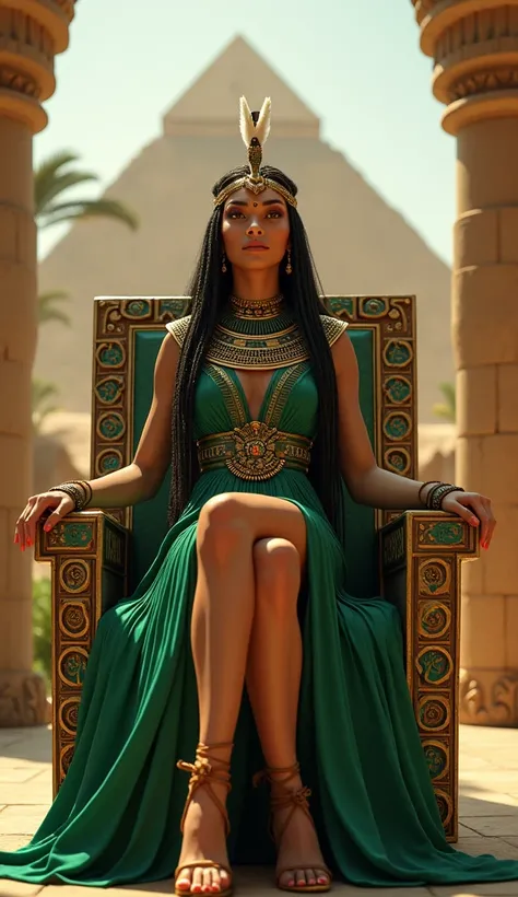  The full height of a beautiful girl with a gorgeous 30-37 year old figure , she is an Egyptian queen , sits on a luxurious portable throne in an oasis,  in the background of a pyramid , on goals diadem,  ancient Egyptian headdress with hawk-eye and feathe...