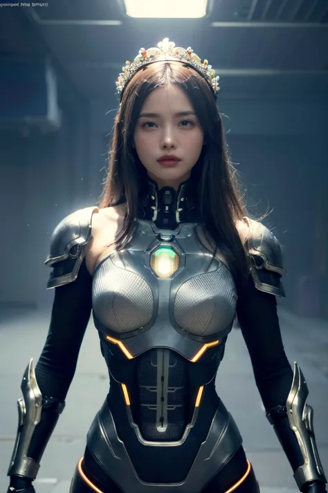 1girl, image of a smiling 25-year-old woman., wear futuristic cybernetic armor, wear a huge futuristic crown..., walk through ch...