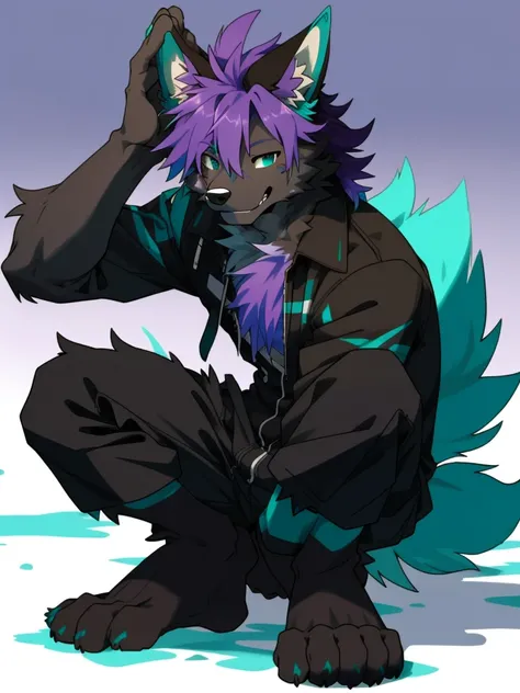 male, anthro, furry, dog (coyote), solo male, fur texture, soft expression, smiling, messy fur, teal paws,  (purple hair), teal eyes, (black fur)