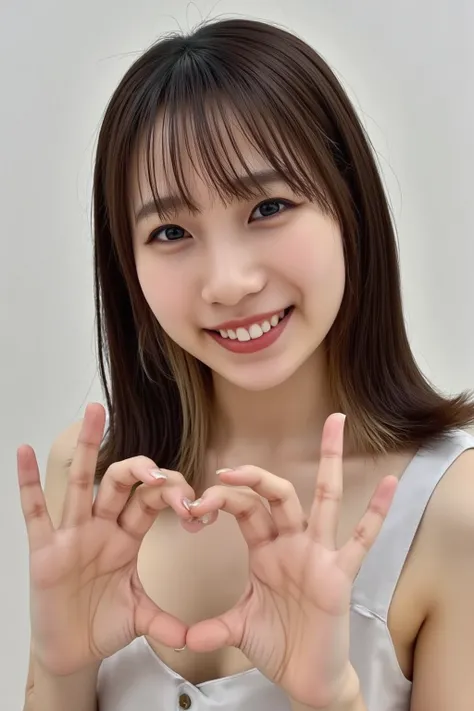 She is in a pose wearing a sexy camisole, making a firm big heart shape with both hands, and holding it in front of her chest, Cute smile up

