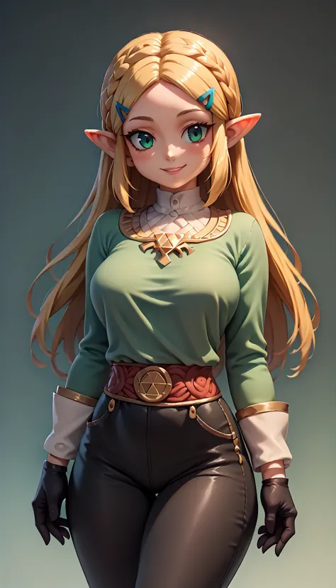 High resolution, Very detailed, perfect lighting, beautiful detailed eyes,   ((masterpiece,Best Quality)), absurdities, alone,     princess zelda, by the width, crown braid, Hair clip, pointy ears, Green shirt, long sleeves, Gloves without fingers, black gloves, Black pants, tight pants, smile, curves, nod,   ,  deep neckline, deep neckline 