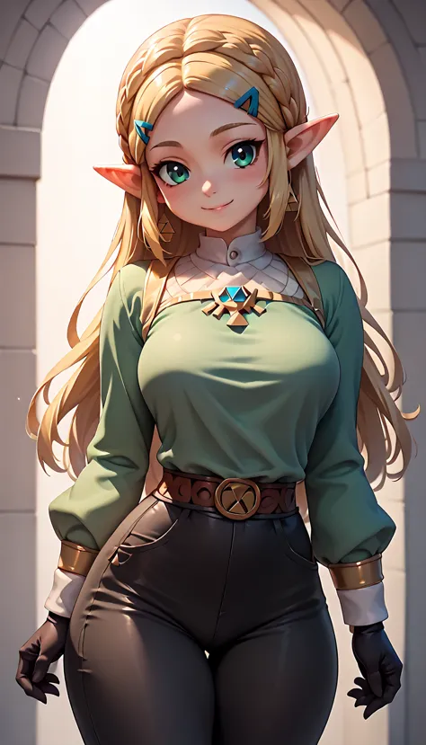 High resolution, Very detailed, perfect lighting, beautiful detailed eyes,   ((masterpiece,Best Quality)), absurdities, alone,     princess zelda, by the width, crown braid, Hair clip, pointy ears, Green shirt, long sleeves, Gloves without fingers, black gloves, Black pants, tight pants, smile, curves, nod,   ,  deep neckline, deep neckline 