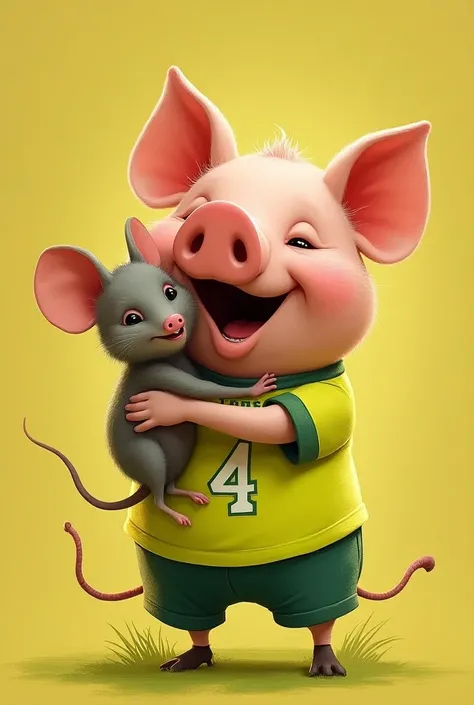  A funny pig hugging a funny mouse in a lemon-green soccer uniform, The number 4 and the name CHAPULINES 