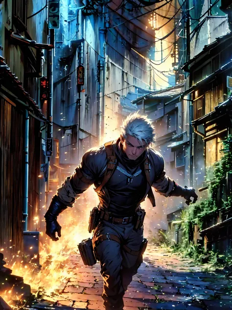 ((realistic: 1.5)),(( best quality)), ((masterpiece)),((detailed)), man, short white hair, yellow eyes, tactical superhero outfi...