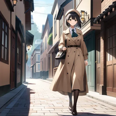 1 girl, black hair,detective spirit,stroll,beret