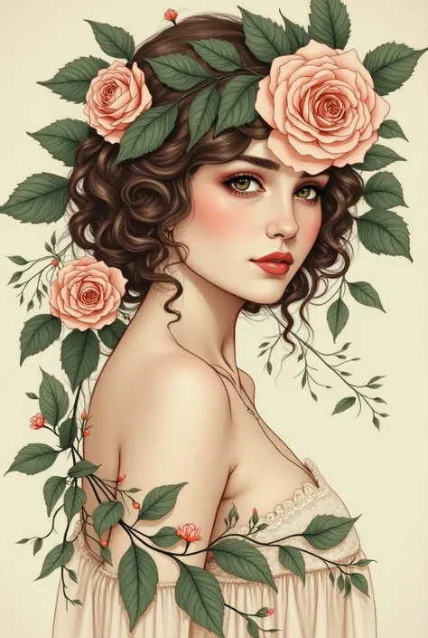 "An illustration of a woman in the Art Nouveau style, with a sorrowful expression. Her face is partially turned, and her eyes reflect a sense of quiet sadness. Elegant roses surround her, their petals detailed with soft lines and flowing curves. The compos...