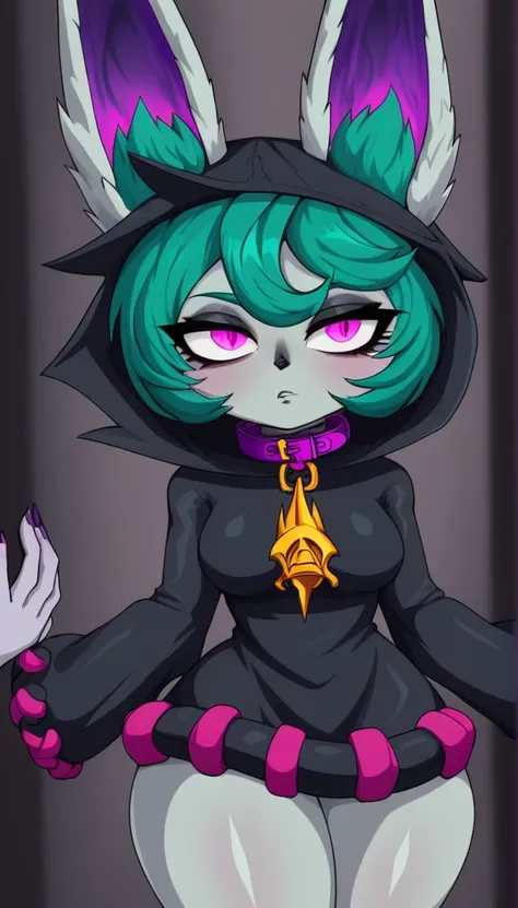 vexlolxl, yordle, short hair, pink eyes, green fur, bangs, short hair, gray skin, colored skin, medium breasts, wide hips, black...