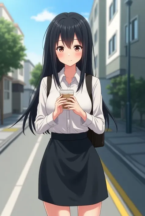 In an anime art style, a young woman with sleepy eyes that have dark circles under them, with medium-length straight black hair, wearing a business-like blouse and skirt, standing on the street, holding a disposable coffee cup.