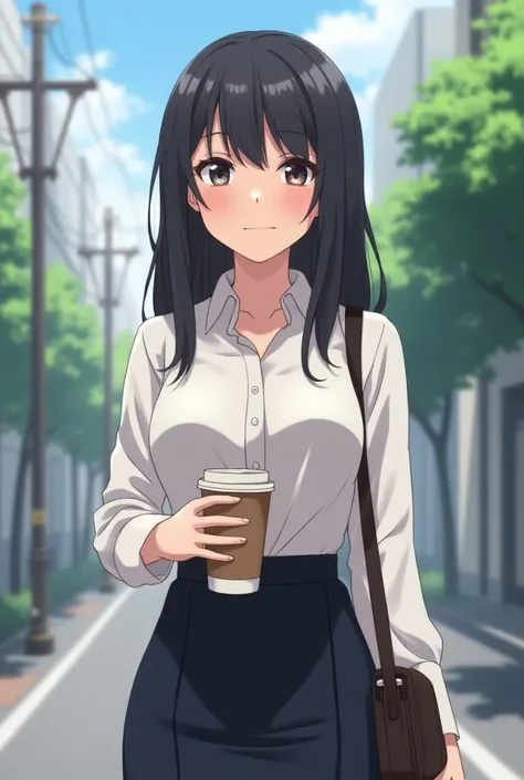 In an anime art style, an overtired young woman with dark bags under her eyes, who still looks content, with medium-length straight black hair, wearing a feminine business-like blouse and professional skirt, standing on the street, holding a disposable cof...