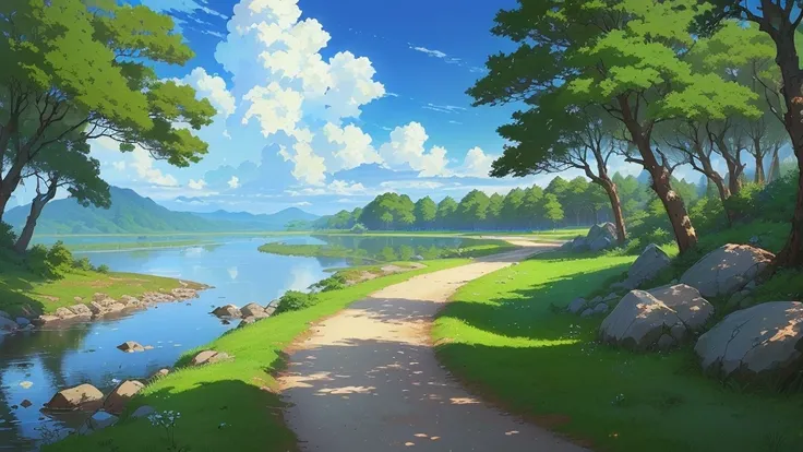 (best quality, masterpiece:1.4), (beautiful anime visual novel background taiga forest:1.3), anime scenery of a river with a path leading to a forest, anime countryside landscape, scenery artwork, anime nature, anime landscape, anime background art, anime ...