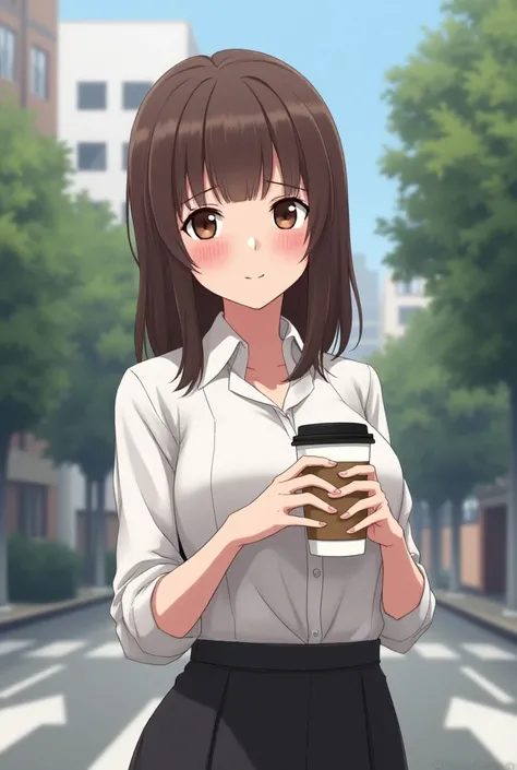 In an anime art style, an overtired young woman with dark bags under her eyes, who looks sleepy but has a slight smirk, with medium-length straight brown hair, wearing a feminine business-like blouse and professional skirt, standing on the street, holding ...