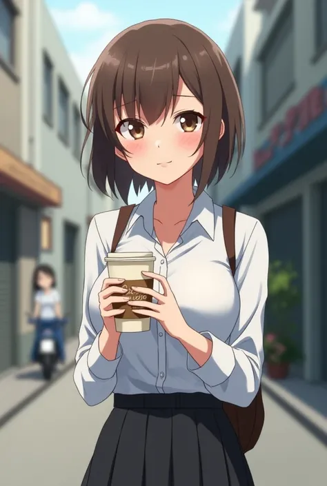 In an anime art style, an overtired young woman with dark sleep-deprived bags under her eyes, with short brown hair, with a smirk, wearing a businesslike blouse and professional skirt, is standing in the street holding a disposable coffee cup.