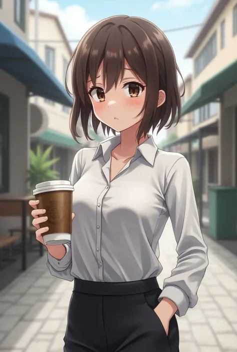 In an anime art style, an overtired young woman with dark sleep-deprived bags under her eyes, with short brown hair, with a smirk, wearing a businesslike blouse and professional skirt, is standing in the street holding a disposable coffee cup.