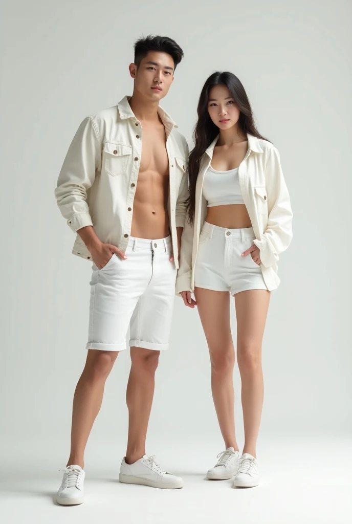  100k ultra HD realistic and very real detail Korean man and woman couple wearing all-white clothes.  Athletic-looking man with an open upper body ,  wearing a jacket and white jeans shorts .  Woman wearing a white top and jacket , in a white skirt .  The ...