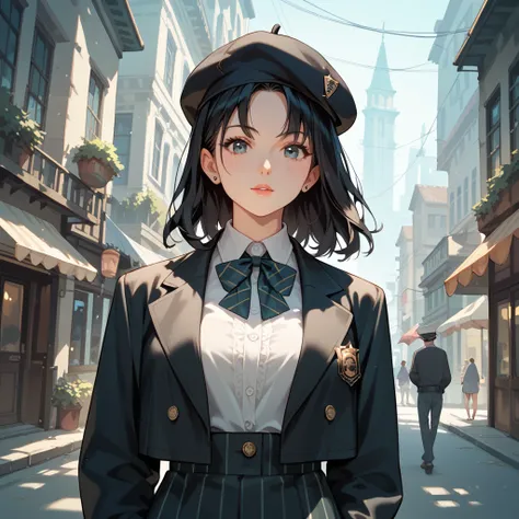 1 girl, black hair,detective spirit,check pattern,stroll,beret