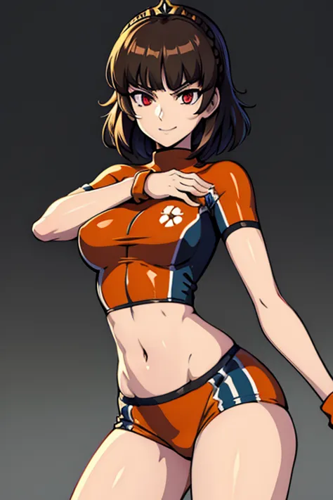 young_makoto_nijima_in_princess_daisys_soccer_uniform break short top, midriff, hotpants, orange clothing break thin_legs, flat_...