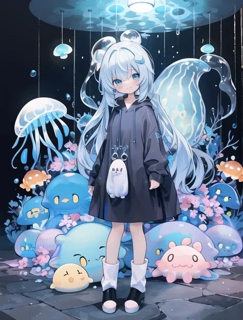 Jellyfish、deep sea、smile、 cute、 beautiful supple silver hair、Jellyfishの帽子を被り、Jellyfishモチーフ、deep sea、、Soft and fluffy、light blue、light blueと白の hoodie、 imaginary、Whoa 、cute、Makeup、Jellyfishのスカート、 hoodie、 hot boots 、Jellyfishの髪飾り、Jellyfishの帽子、Pochette