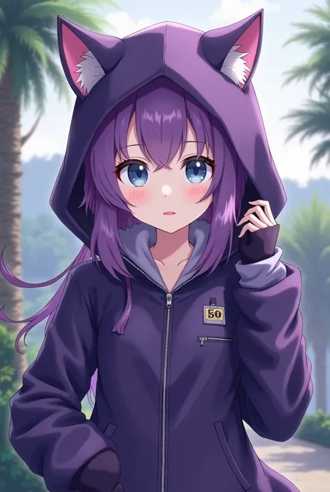 garota anime with purple hair and blue eyes wearing a purple jacket and purple hood with cat ears in head, garota anime with cat ears, garota anime, cute anime menina gato, high quality Estilo de arte de anime, beautiful anime menina gato, Menina gato roxo...