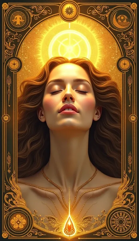 Arcanum of the Sun with the face of a smiling woman Tarot art, golden. 