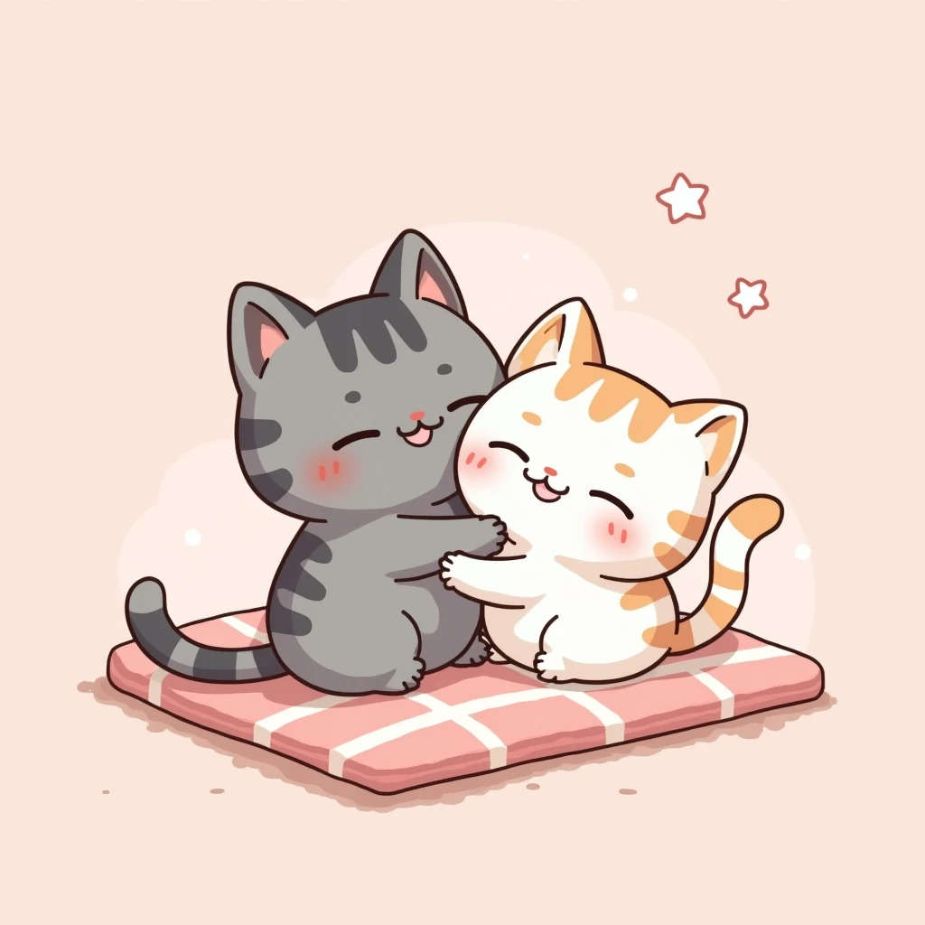 Cartoon cats in pajamas sitting on a blanket and hugging each other, peach and goma style, squishmallow, kawaii cat, cute cats, illustration of 2 cats, kawaii cutest ever, chibi grey cat and white cat, anime visual of a cute cat, two cats, cute and cuddly,...