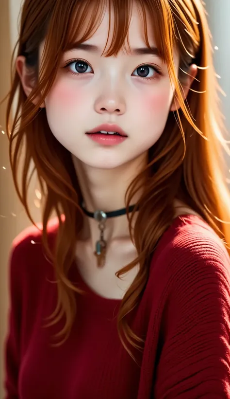 (((Solo Girl))) ( 1 girl) , Full Body Shot , shot from below , RAW photo, (12yo skinny redhead girl:1.2), ((baby face)) ((intense red hair)) (( very long hair )), blanking , graphic eyeliner, Rouge, (lipstick:0.6), ( choker:0.9), realistic ski...