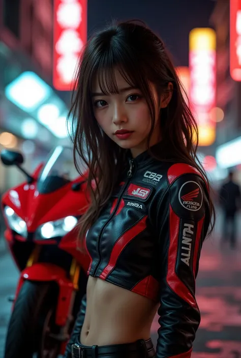 ultra-realistic, photorealistic, dramatic scene, shadow, global-illumination, (teenage Japanese famous idol girl:1.5), very beautiful fragile Japanese girl, very beautiful with very cute but boyish cool face, wearing a form fitting motorcycle racing suits ...