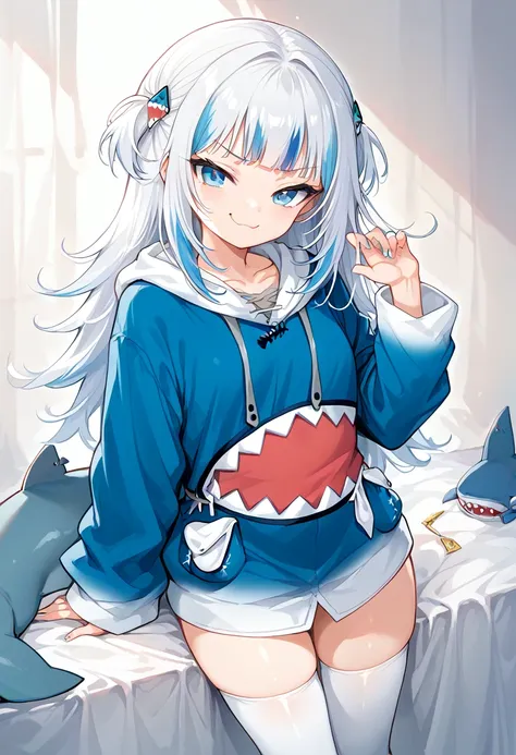 guragura,gawr gura,white hair,blue hoodie,shark hoodie,(smug expression:1.3),sonrojada,tetas grandes,muslos grandes,thighhighs,s...