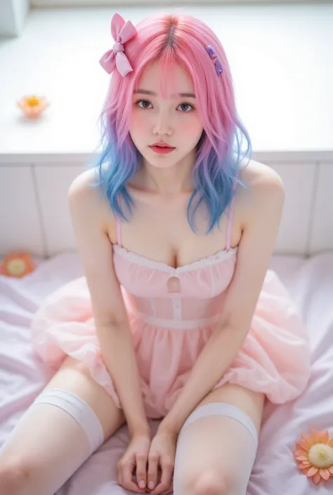 Realism，4K，Real girl, transparent leggings, [ [ blue bow  ,   pink hair , Hair gradient blue, Purple hairpin ,  the color of her underwear ,   You can take a quick look ,  Its light pink  .,Pure school, A pretty girl,thigh