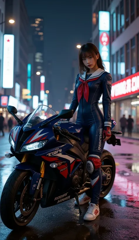 ultra-realistic, photorealistic, dramatic scene, shadow, global-illumination, (teenage Japanese famous idol girl:1.5), very beautiful fragile Japanese girl, very beautiful with very cute but boyish cool face, wearing a form fitting motorcycle racing suits ...