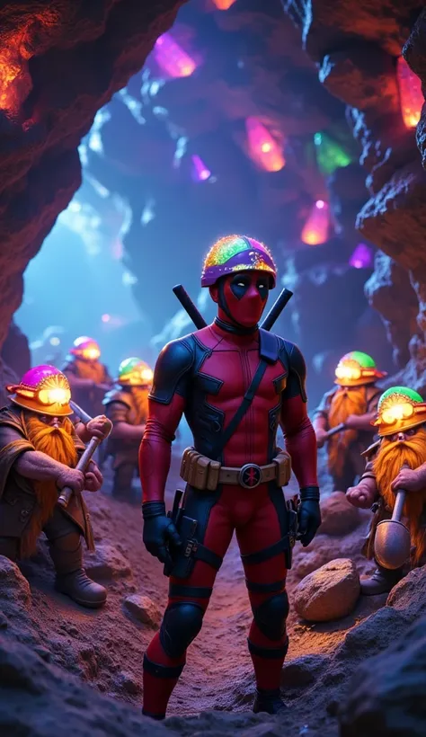 superheroes deadpool and a group of miner dwarves are at work in a magical mine crystal.  they wear helmets with lights that emi...