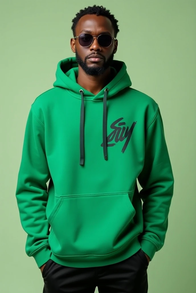 A good image of a hoodie that is well design with the back and Front view with the a writing on the hoodies  saying clazzicurban green color with an Africa man model  putting it on