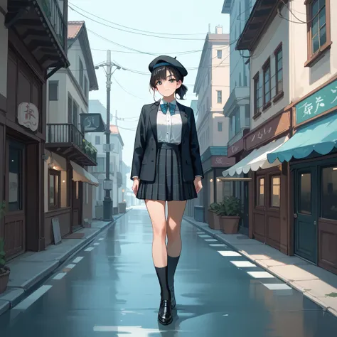  1 Girl, Black Hair,DETECTIVE SPIRIT,Check pattern,stroll,Beret。skirt,whole body