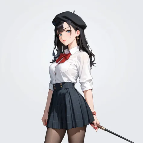 1 girl, black hair,detective spirit,check pattern,stroll,beret。skirt,whole body