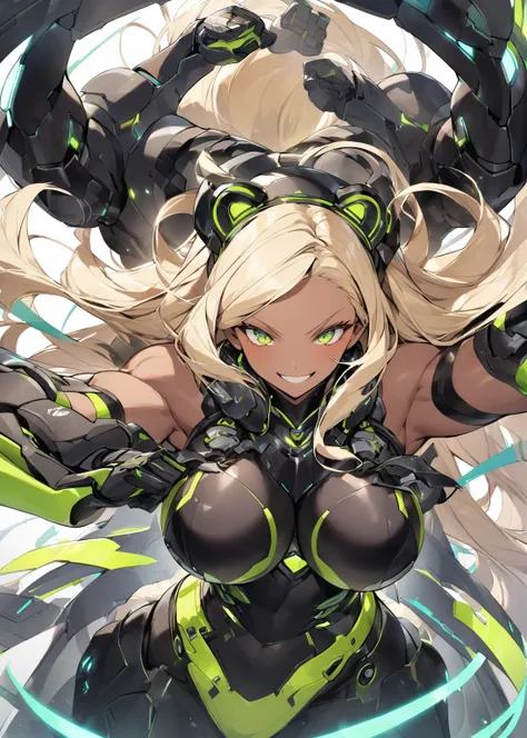 Blonde　Green Eyes　 dark skin 　 long hair　Bear ears　Large Breasts　muscle　Futuristic Suit　Black Armor　Forehead　Gal　 center division　Smile a little　1 person　 fighting pose with both arms sticking out