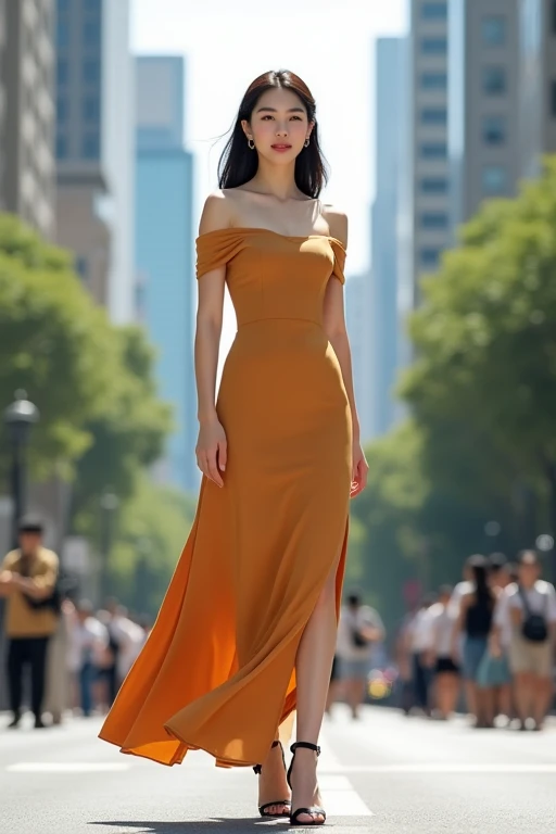 Young Korean woman, wheat one side off shoulder slit dress, standing on street