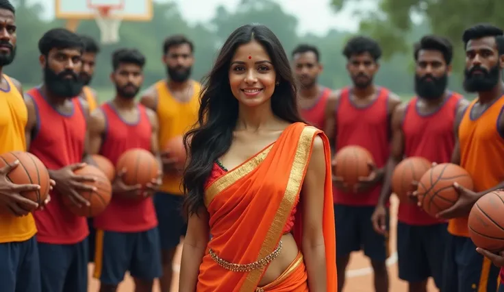 A lady standing confidently in the middle of a mens basketball team for a group photo. She is smiling brightly, wearing elegant saree that beautifully reveals her cleavage and navel visible, nipples slightly visible, thick, curvy inner thighs completely vi...