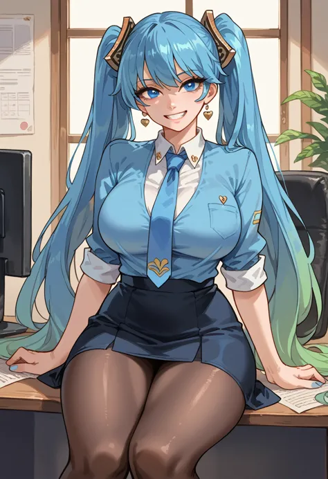 masterpiece, best quality, 1girl, sona buvelle, anime, sitting, blue hair, twintails, blue eyes, looking at viewer, at office, w...