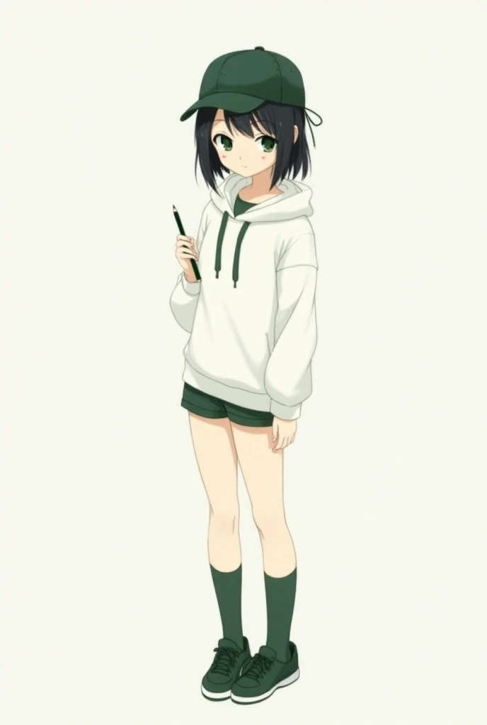  white hoodie with no lettering , Anime girl with short green underwear , Wearing a dark green baseball cap , Anime high school girl with black hair and , Wearing a dark green ribbon , An anime girl with dark green eyes, , eyes are small,  holding a dark g...