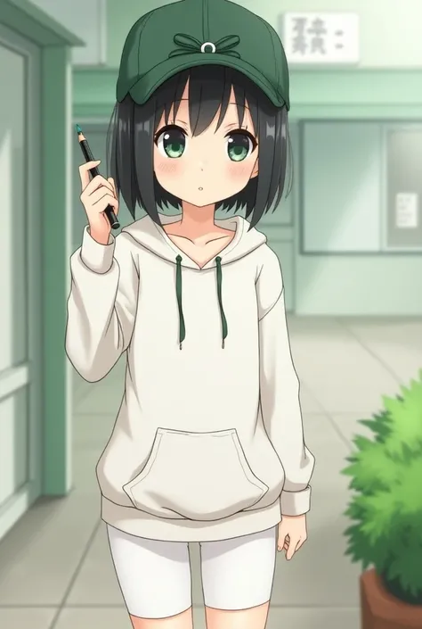  white hoodie with no lettering , white panties, Wearing a dark green baseball cap , Anime high school girl with black hair and , Wearing a dark green ribbon , An anime girl with dark green eyes, , eyes are small,  holding a dark green pencil in her hand, ...