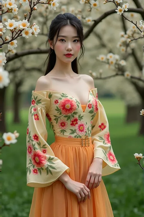 A beautiful girl from Korea with a clean, cute face, wearing womens clothes with colorful floral patterns, wearing a long floral patterned skirt,And wearing womens shoes, is standing in a garden full of flower trees, expression her face is very elegant, po...