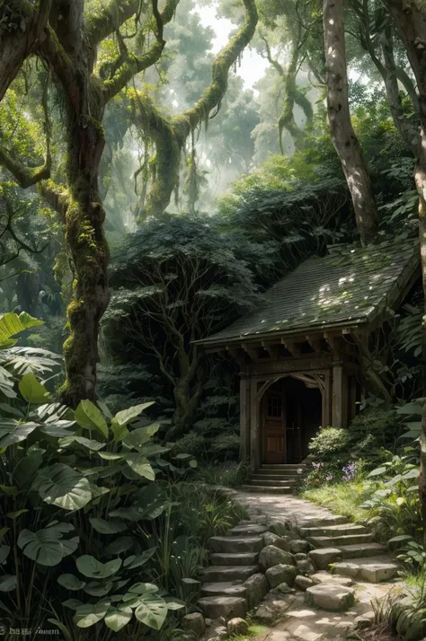 A lush, green forest with towering, ancient trees covered in dense foliage, creating a cool, shaded environment. A narrow dirt path winds through the trees, surrounded by wild grass and scattered stones, leading to a quiet, secluded clearing. In the middle...