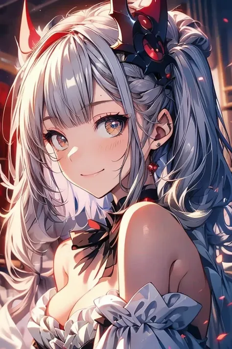 (masterpiece,  best quality ), silver hair、 twin tails、small breasts、red sharp eyes 、succubus、smile、 the background is the vampy...