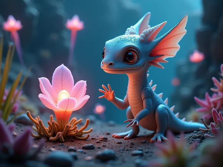 DRAGON, with delicate, bioluminescent skin and large, inquisitive eyes, studies a glowing plant on a distant, unexplored planet. The botanistâs tools are advanced, with floating drones that analyze the plantâs properties. The landscape around them is l...