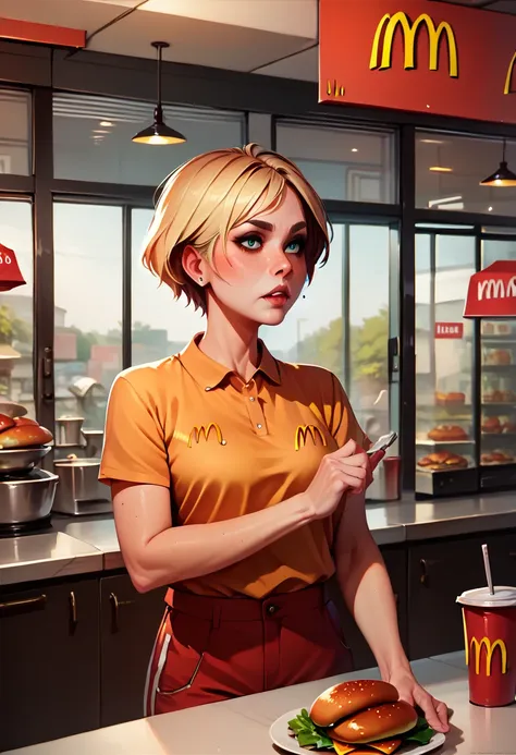 a girl in mcdonald's clothes，short hair