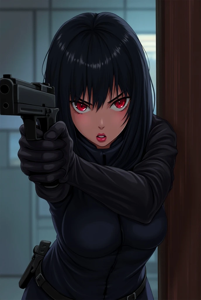  A woman with black hair up to her shoulders , with red eyes ,pink lips , behind a hidden wall with a gun in her hands, wearing a latex combat suit ,anime style 