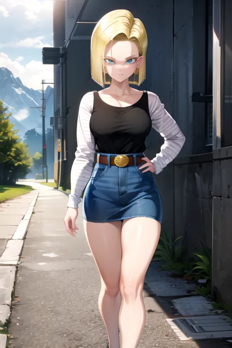 android 18, 1 girl, android 18, alone, blonde, blue eyes,  short hair , mountain, brazos cruzados,  belt, denim skirt, earrings,...