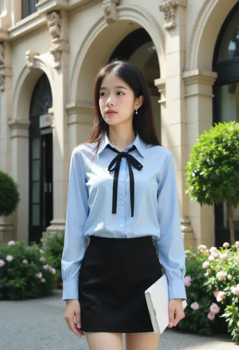 (Photography), (realistic), ultra detailed, An Asean young woman standing outdoors in front of a classic, European-style building with large arched windows, surrounded by greenery and vibrant flowers. She wears a light blue shirt with a long, black ribbon ...