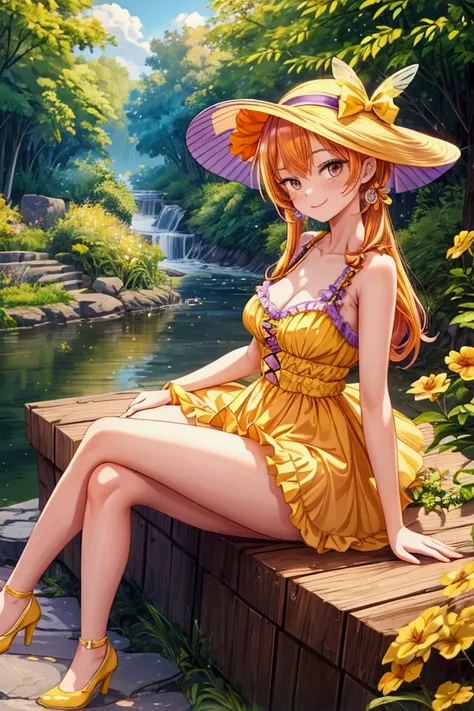 masterpiece,best quality,1girl,river,sitting, watching the insects, yellow and purple frilly dress, purple and yellow shoes, orange hair, cute bee hat, brown dark eyes, smiley face, sexy pose, coquette, gorgeous legs, mature teenager body, lovely, gorgeous...