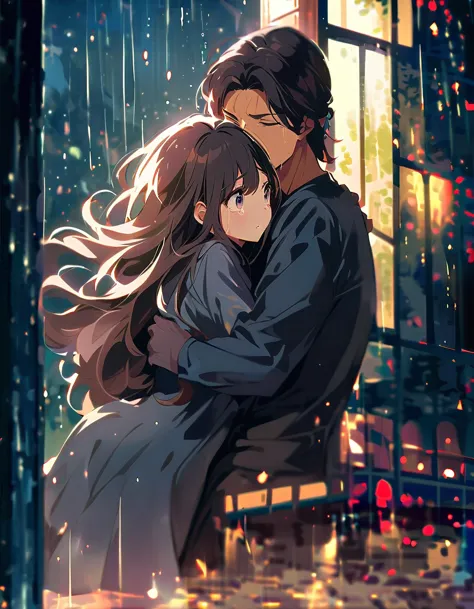 dark-haired woman and man ,  man hugs a crying girl, rain outside the window、night。blurry outside light